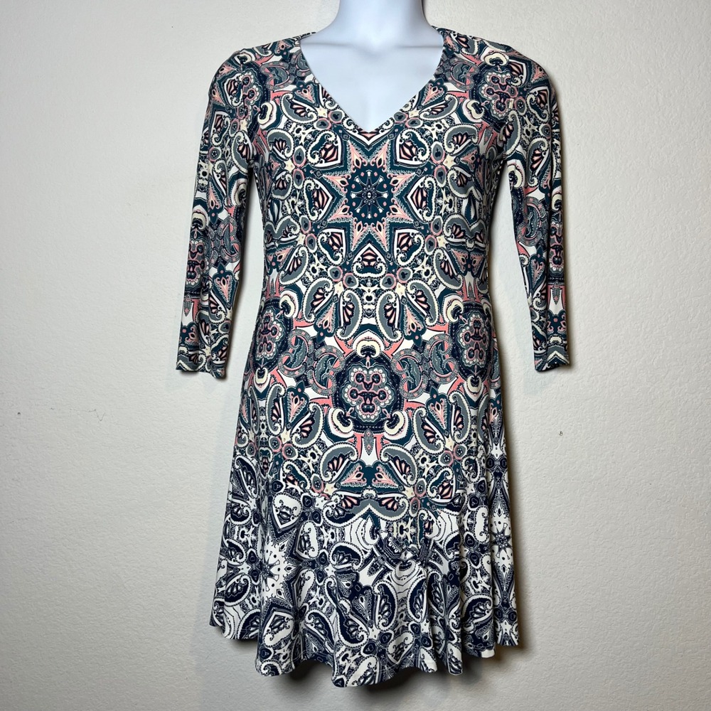 Eliza J Paisley Fit & Flare Dress 6 Blue Pink Womens Boho Mod V-Neck 3/4 Sleeve